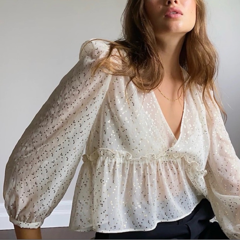 Aritzia Sunday Best Harper Blouse Gold Metallic Clip Dot Ruffle Top XXS / XS NWT